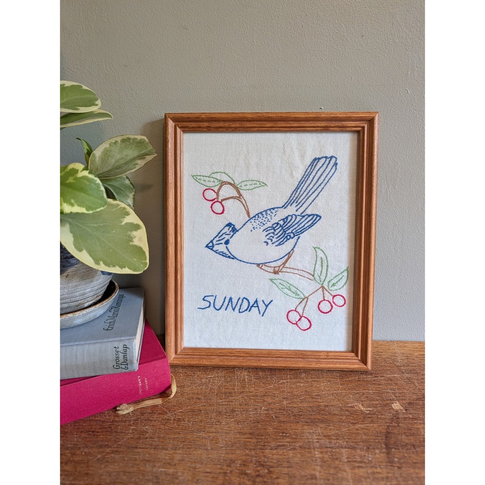 Vintage Hand Embroidered Sunday Blue Bird Cherry Branch Framed Wall Art 9x11